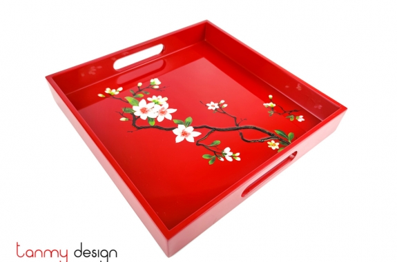 Red square lacquer tray hand-painted with plum blossom 27 cm